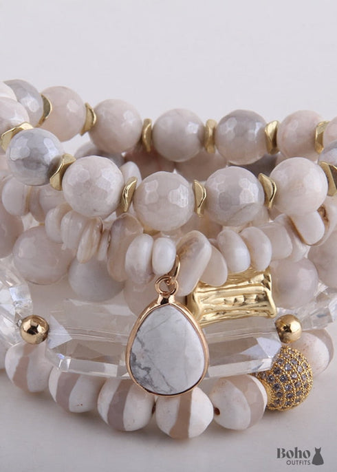 Boho Bracelet, RH Bracelet Set, Cubic Zircon Ball, Natural Stones, in Black and White